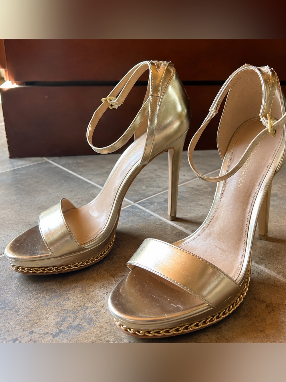 BCBG Metallic Gold Chain-Trim Ankle-Strap Stilettos